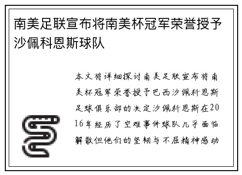 南美足联宣布将南美杯冠军荣誉授予沙佩科恩斯球队